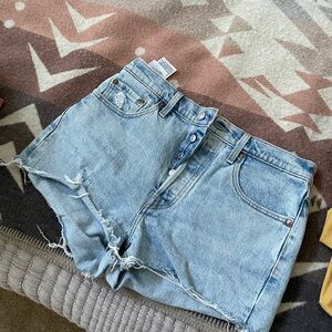 Levi's Light Blue Distressed High-Rise Denim Shorts
